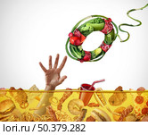 High fat diet rescue and Healthy food healing or risky eating habits as a human in despair drowning in grease as a nutrition and cholesterol problem with a vegetable lifesaver life preserver with 3D illustration elements. Стоковое фото, агентство Ingram Publishing / Фотобанк Лори