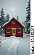 A red wooden house in a snowy landscape, standing on a snowy plain surrounded by trees, soft diffused light, frontal view. Стоковое AI-видео, аниматор Sergey Grishin / Фотобанк Лори