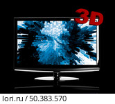 Modern 3D LED TV isolated on black showing a 3D movie. Стоковое фото, агентство Ingram Publishing / Фотобанк Лори
