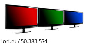 Three lcd TV’s showing the RGB colors; red, green and blue. Стоковое фото, агентство Ingram Publishing / Фотобанк Лори