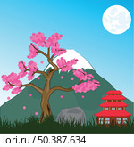 Landscape of the vulcan and tree cherry blossoms in japan. Стоковая иллюстрация, иллюстратор Шипицин Евгений Витальевич / Фотобанк Лори