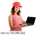 Beautiful girl showing  something on a laptop, isolated on white. Стоковое фото, агентство Ingram Publishing / Фотобанк Лори