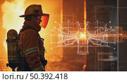A firefighter's helmet AI overlays structural analysis and building house blueprint plan across smoke-filled corridors, emergency concept. Стоковое AI-видео, аниматор Sergey Grishin / Фотобанк Лори