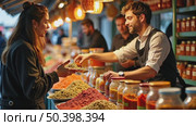 A multicultural food market stall overflowing with exotic condiments, jars of harissa, gochujang, and za'atar catching the light, Стоковое AI-видео, аниматор Sergey Grishin / Фотобанк Лори