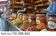 A multicultural food market stall overflowing with exotic condiments, jars of harissa, gochujang, and za'atar catching the light, Стоковое AI-видео, аниматор Sergey Grishin / Фотобанк Лори