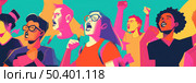 Vibrant illustration showcasing a diverse crowd of people chanting and raising fists during a protest. Стоковое AI-изображение, AI-художник Данила Большаков / Фотобанк Лори