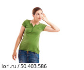 Woman listening something with hand on the ear, isolated on white. Стоковое фото, агентство Ingram Publishing / Фотобанк Лори
