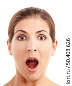 Close-up portrait of a young woman with a astonish expression over a white background. Стоковое фото, агентство Ingram Publishing / Фотобанк Лори