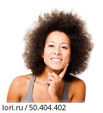 Afro-American young woman smilling, isolated on white background. Стоковое фото, агентство Ingram Publishing / Фотобанк Лори