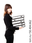 Business woman full of work holding a pile of folders, isolated on white background. Стоковое фото, агентство Ingram Publishing / Фотобанк Лори