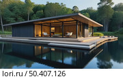 Modern house on a lake with a forest in the background. concept of ecological house keeping and luxury real estate, nature retreats, sustainable living, and tranquil, harmonious lifestyle. Стоковое AI-видео, аниматор Sergey Grishin / Фотобанк Лори