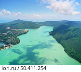 Aerial view of lake Abrau at day. Nature landscape panorama. Стоковое фото, агентство Ingram Publishing / Фотобанк Лори