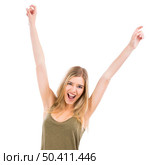 A beautiful blonde woman really happy with both arms on the air, isolated over white background. Стоковое фото, агентство Ingram Publishing / Фотобанк Лори