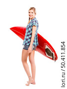 Beautiful young woman with a surfboard, over a gray background. Стоковое фото, агентство Ingram Publishing / Фотобанк Лори