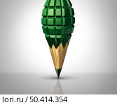 Military planning and army strategy or war concept as a pencil shaped as a grenade representing diplomacy or diplomatic strategy to avoid wars or conflict zone reporting as a 3D illustration. Стоковое фото, агентство Ingram Publishing / Фотобанк Лори