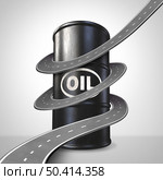 Transportation oil symbol as Increasing price fuel concept and a gasolene drum with a highway or rad wrapped around the energy icon as a metaphor for rising costs of gas as a 3d render. Стоковое фото, агентство Ingram Publishing / Фотобанк Лори