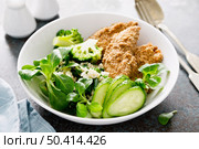 Chicken nuggets with fresh corn salad, broccoli, cucumber and rice. Стоковое фото, агентство Ingram Publishing / Фотобанк Лори
