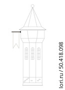 Black and white medieval watchtower line art isolated on white background, cutout ready, vector. Стоковая иллюстрация, иллюстратор Елена  Попкова / Фотобанк Лори