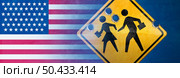 United States school shooting and student gun violence concept as a shooting tragedy and horrific gunfire towards a student sign as a US tragic violent event with 3D illustration elements. Стоковое фото, агентство Ingram Publishing / Фотобанк Лори