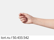 Opening female hand with clean fingernails gesturing isolated on white background.. Gesturing female hand isolated on white. Стоковое фото, агентство Ingram Publishing / Фотобанк Лори