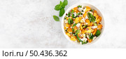 Yellow tomato salad with green paprika, cottage cheese and basil. Healthy food, diet. Top view. Banner. Стоковое фото, агентство Ingram Publishing / Фотобанк Лори