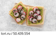 top view avocado toast with radish seeds plate. Стоковое фото, агентство Ingram Publishing / Фотобанк Лори