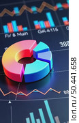 A 3D icon of a pie chart with glowing segments in corporate colors, hovering over a sleek dashboard, data visualization style. Стоковое AI-видео, аниматор Sergey Grishin / Фотобанк Лори