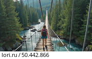 Incredible and adventure inspiring aerial drone shot of adrenaline seeking and exploring young hiker woman walk over old epic wooden suspension bridge above mountain river surrounding dense forest. Стоковое AI-видео, аниматор Sergey Grishin / Фотобанк Лори