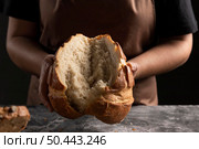 chef tearing freshly baked bread apart. Стоковое фото, агентство Ingram Publishing / Фотобанк Лори