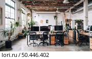 Open-plan loft-style office with contemporary furnishings, multiple workstations, and green plants enhancing a productive workspace. Стоковое AI-изображение, AI-художник Данила Большаков / Фотобанк Лори