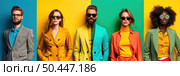 Five stylish individuals line up, each against a different colored background, wearing chic, modern outfits and sunglasses. Стоковое AI-изображение, AI-художник Данила Большаков / Фотобанк Лори