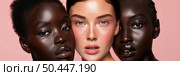 A group of women standing together, showcasing a range of skin tones, from light to dark, promoting inclusivity and diversity. Стоковое AI-изображение, AI-художник Данила Большаков / Фотобанк Лори