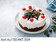 Chocolate cake, white cheesecake decorated with blueberries, cherry, brown chocolate and whipped cream. Стоковое фото, агентство Ingram Publishing / Фотобанк Лори
