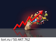 Rising food cost and grocery prices surging costs of supermarket groceries as an inflation financial crisis concept coming out of a paper bag shaped hit by a a finance graph arrow with 3D render elements. Стоковое фото, агентство Ingram Publishing / Фотобанк Лори