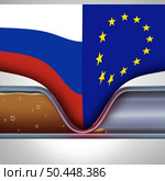 Russia Europe Gas Crisis and European oil Supply Crisis or EU shortages in energy supplies as a pipeline fuel flow being cut by geopolitical uncertainty between Brussels and Moscow as a 3D illustration. Стоковое фото, агентство Ingram Publishing / Фотобанк Лори