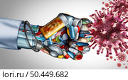 Health Care Virus Fight and fighting disease as a docor or nurse fist made of medical equipment attacking contagious virus cells and pathogens as a 3D illustration. Стоковое фото, агентство Ingram Publishing / Фотобанк Лори