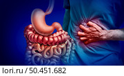 Stomach Pains or stomachache with a painful digestive system ache as an abdominal illness or IBS and Ulcers representing intestinal inflammation or bloating with 3D illustration elements. Стоковое фото, агентство Ingram Publishing / Фотобанк Лори