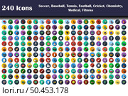240 Icons Of Soccer, Baseball, Tennis, Football, Cricket, Chemistry, Medical, Fitness. Flat Design With Long Shadow. Vector illustration. Стоковая иллюстрация, агентство Ingram Publishing / Фотобанк Лори