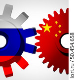 Russia China Cooperation and Russian deal or Chinese negotiations as an economic and political pact working together as a Moscow and Beijing concept with 3D illustration elements. Стоковое фото, агентство Ingram Publishing / Фотобанк Лори