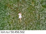Beautiful girl lies in camomile daisy flower. View from above. Aerial photography. Стоковое фото, агентство Ingram Publishing / Фотобанк Лори