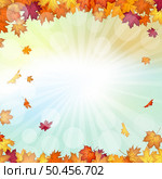 Autumn frame with blowing maple leaves over fall vanilla sky background with sunlight rays and glows. Elegant warm autumn leaf design. Vector illustration. Стоковая иллюстрация, агентство Ingram Publishing / Фотобанк Лори