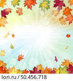 Autumn frame with blowing maple leaves over fall vanilla sky background with sunlight rays and glows. Elegant warm autumn leaf design. Vector illustration. Стоковая иллюстрация, агентство Ingram Publishing / Фотобанк Лори