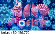 Virus Organ Infection and long Covid syndrome or coronavirus pandemic symptoms that persist as a hauler of a viral infections on the lungs heart kidneys eyes and the brain with 3D illustration elements. Стоковое фото, агентство Ingram Publishing / Фотобанк Лори