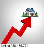 Increasing Mortgage Rates and Rising home interest rate or rise in mortgages and home prices surging as housing borrowing costs increase due to inflation and financial crisis concept as aa financial graph arrow with 3D render elements. Стоковое фото, агентство Ingram Publishing / Фотобанк Лори
