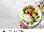 Salad with mozzarella cheese, cherry tomato, olives and romain lettuce, top view. Стоковое фото, агентство Ingram Publishing / Фотобанк Лори