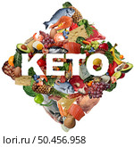 Ketogenic and Keto diet symbol of food as a nutrition lifestyle and low carb diet and high fat eating as fish nuts eggs meat avocado and other healthy ingredients as a therapeutic meal as text in a 3D illustration style. Стоковое фото, агентство Ingram Publishing / Фотобанк Лори