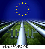Europe energy crisis as EU gas and oil supply problems due to war and conflict with a Pipeline  and gas pipes transporting fuel to the European Union with 3D illustration elements. Стоковое фото, агентство Ingram Publishing / Фотобанк Лори