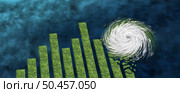 Financial Storm Concept as turbulent economic phase and recession or economic depression with damaging hurricane winds or tornado swirl damaging islands shaped as a finance graph in a 3D illustration style. Стоковое фото, агентство Ingram Publishing / Фотобанк Лори