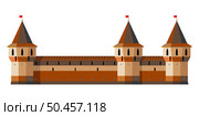Medieval tower and castle walls isolated on white background, cutout ready, vector picture. Стоковая иллюстрация, иллюстратор Елена  Попкова / Фотобанк Лори