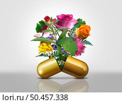 Natural Medication and alternative medicine as an open prescription pill capsule  with flowers and plants flowing out as a herbal wellness remedy for body healing and pain treatment with 3D illustration elements. Стоковое фото, агентство Ingram Publishing / Фотобанк Лори